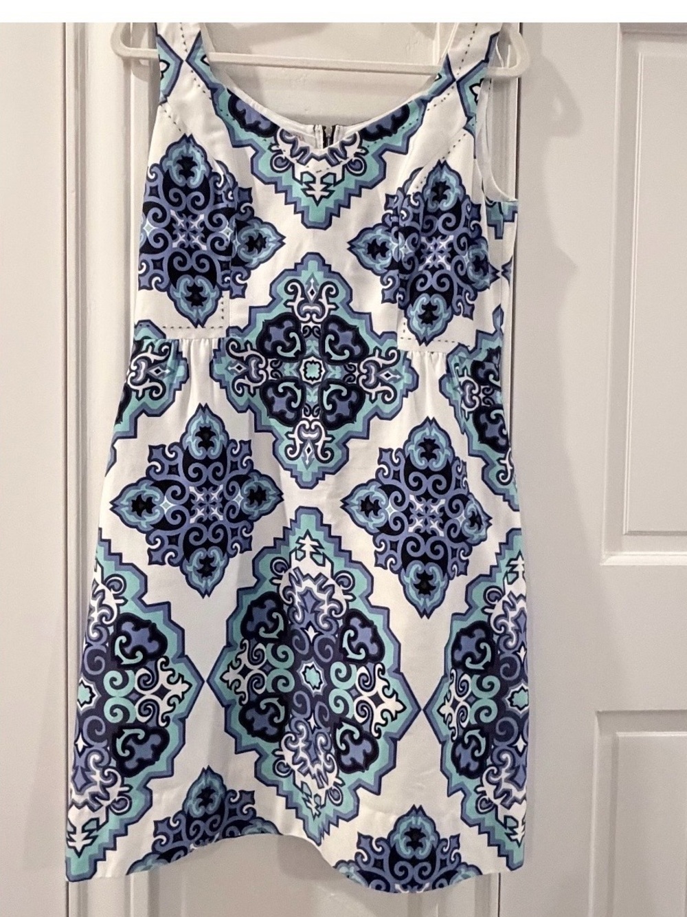 Phoebe Couture Dress 8 Blue Green Geometric Print Sheath Cotton Blend Zip Back